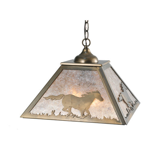 Meyda Lighting Running Horses 22" 2-Light Antique Copper Pendant Light With Silver Mica Shade Glass