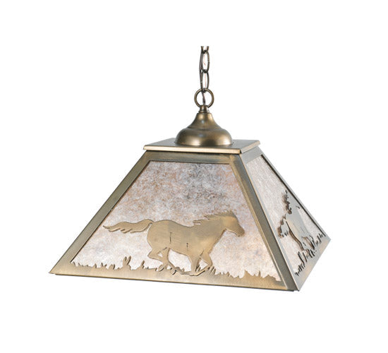 Meyda Lighting Running Horses 22" 2-Light Antique Copper Pendant Light With Silver Mica Shade Glass