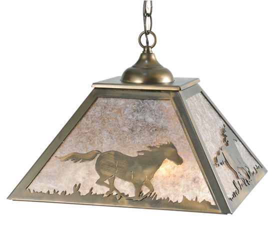 Meyda Lighting Running Horses 22" 2-Light Antique Copper Pendant Light With Silver Mica Shade Glass