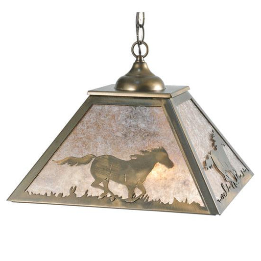 Meyda Lighting Running Horses 22" 2-Light Antique Copper Pendant Light With Silver Mica Shade Glass