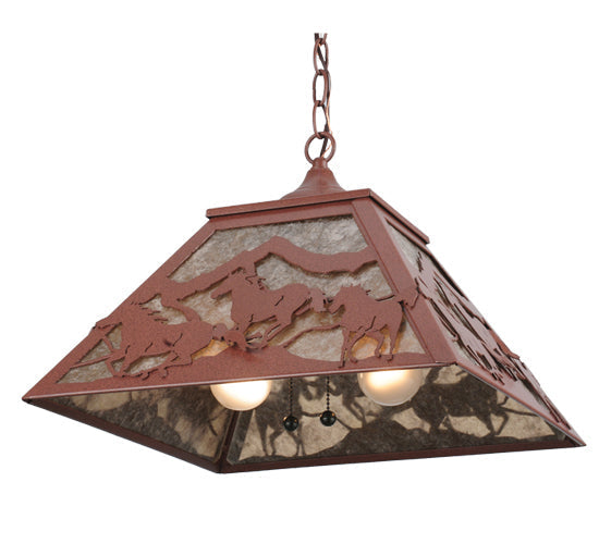 Meyda Lighting Running Horses 22" 2-Light Rust Pendant Light With Silver Mica Shade Glass
