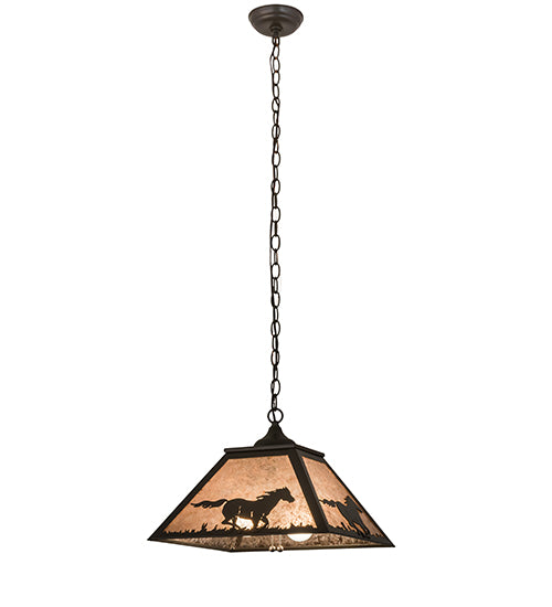 Meyda Lighting Running Horses 22" 2-Light Timeless Bronze Pendant Light With Silver Mica Shade Glass