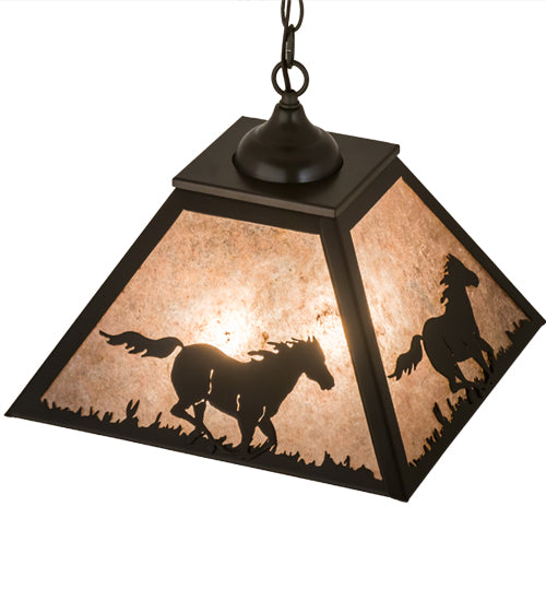 Meyda Lighting Running Horses 22" 2-Light Timeless Bronze Pendant Light With Silver Mica Shade Glass