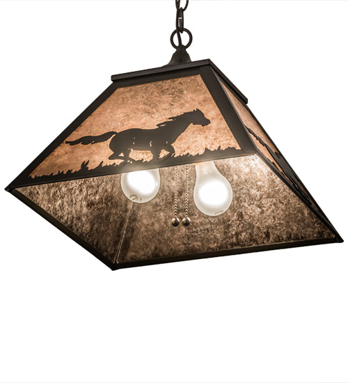 Meyda Lighting Running Horses 22" 2-Light Timeless Bronze Pendant Light With Silver Mica Shade Glass