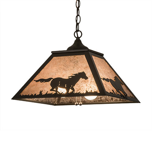 Meyda Lighting Running Horses 22" 2-Light Timeless Bronze Pendant Light With Silver Mica Shade Glass