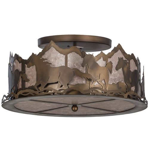 Meyda Lighting Running Horses 22" 4-Light Antique Copper Flush Mount Light With Silver Mica Shade Glass