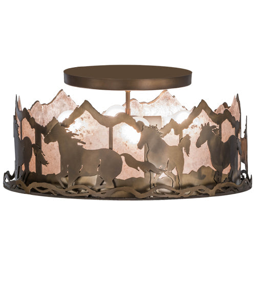 Meyda Lighting Running Horses 22" 4-Light Antique Copper Flush Mount Light With Silver Mica Shade Glass