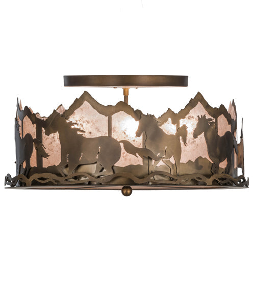 Meyda Lighting Running Horses 22" 4-Light Antique Copper Flush Mount Light With Silver Mica Shade Glass