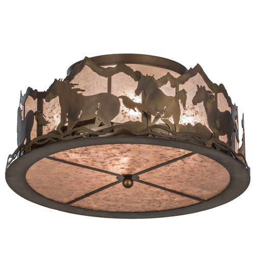 Meyda Lighting Running Horses 22" 4-Light Antique Copper Flush Mount Light With Silver Mica Shade Glass