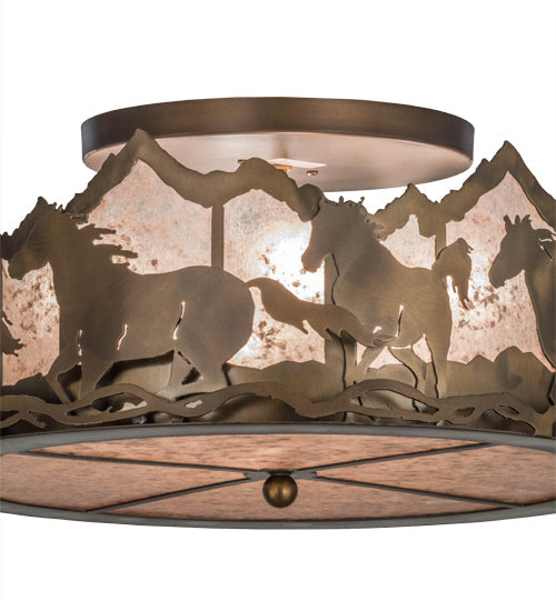 Meyda Lighting Running Horses 22" 4-Light Antique Copper Flush Mount Light With Silver Mica Shade Glass