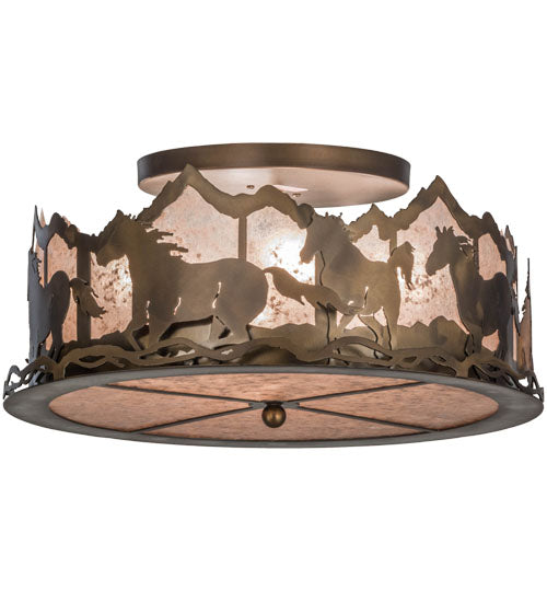 Meyda Lighting Running Horses 22" 4-Light Antique Copper Flush Mount Light With Silver Mica Shade Glass