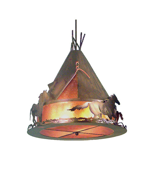 Meyda Lighting Running Horses 24" 4-Light Antique Copper Pendant Light With Amber Mica Shade Glass