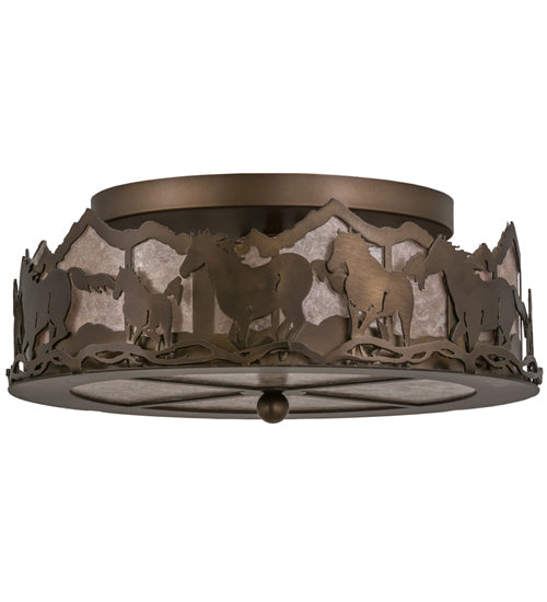 Meyda Lighting Running Horses 254703 16" 3-Light Antique Copper Flush Mount Light With Silver Mica Shade Glass