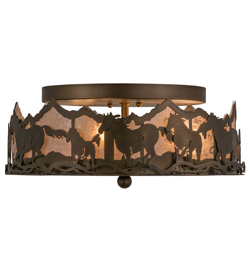 Meyda Lighting Running Horses 254703 16" 3-Light Antique Copper Flush Mount Light With Silver Mica Shade Glass