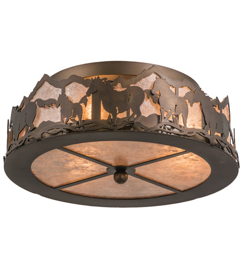 Meyda Lighting Running Horses 254703 16" 3-Light Antique Copper Flush Mount Light With Silver Mica Shade Glass