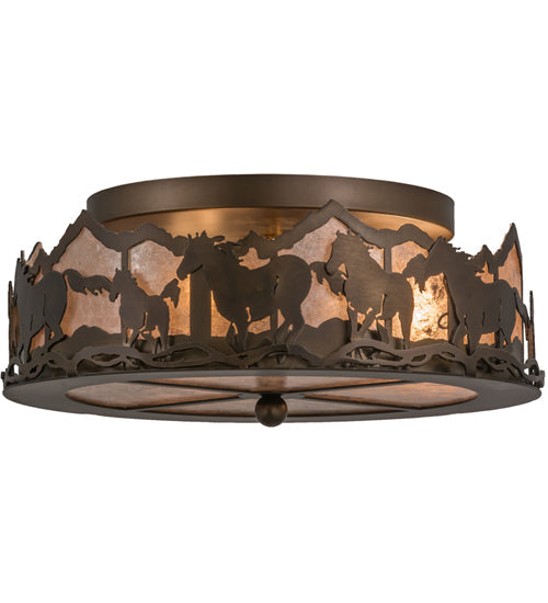 Meyda Lighting Running Horses 254703 16" 3-Light Antique Copper Flush Mount Light With Silver Mica Shade Glass