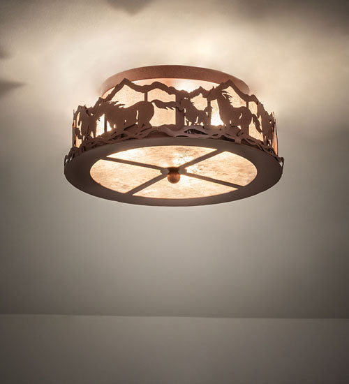 Meyda Lighting Running Horses 254823 16" 3-Light Rust Flush Mount Light With Silver Mica Shade Glass
