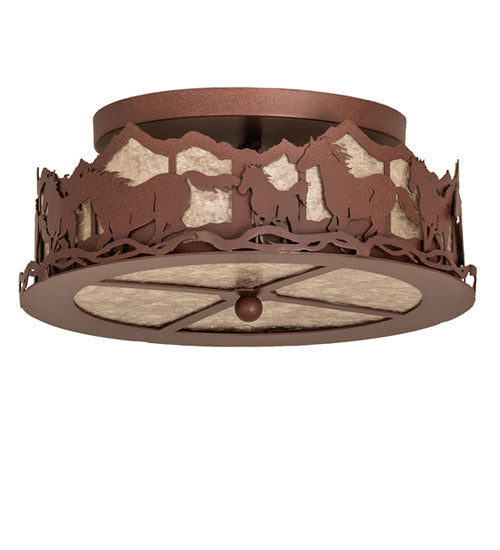 Meyda Lighting Running Horses 254823 16" 3-Light Rust Flush Mount Light With Silver Mica Shade Glass