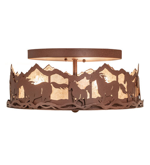 Meyda Lighting Running Horses 254823 16" 3-Light Rust Flush Mount Light With Silver Mica Shade Glass
