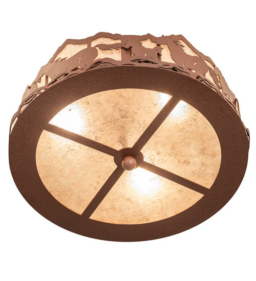 Meyda Lighting Running Horses 254823 16" 3-Light Rust Flush Mount Light With Silver Mica Shade Glass