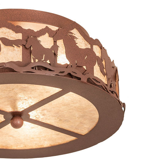 Meyda Lighting Running Horses 254823 16" 3-Light Rust Flush Mount Light With Silver Mica Shade Glass
