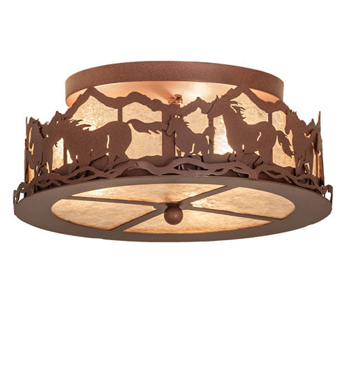 Meyda Lighting Running Horses 254823 16" 3-Light Rust Flush Mount Light With Silver Mica Shade Glass