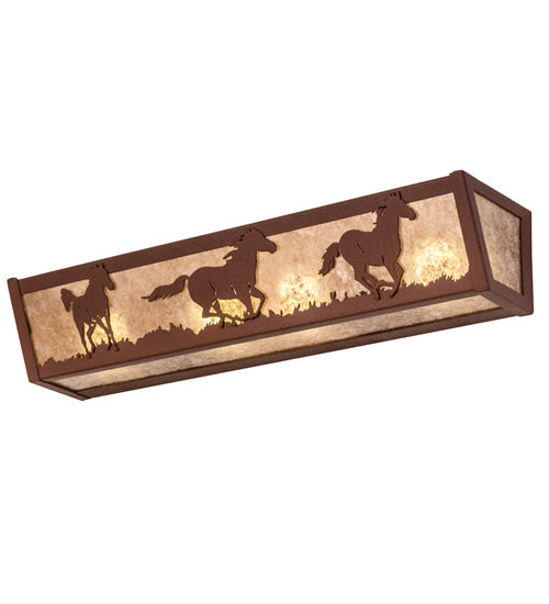 Meyda Lighting Running Horses 254836 24" 4-Light Rust Vanity Light With Silver Mica Shade Glass