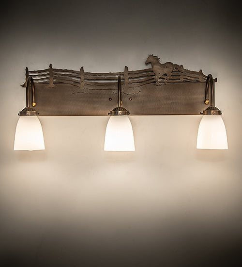 Meyda Lighting Running Horses 27" 3-Light Antique Copper Vanity Light With White Shade Glass