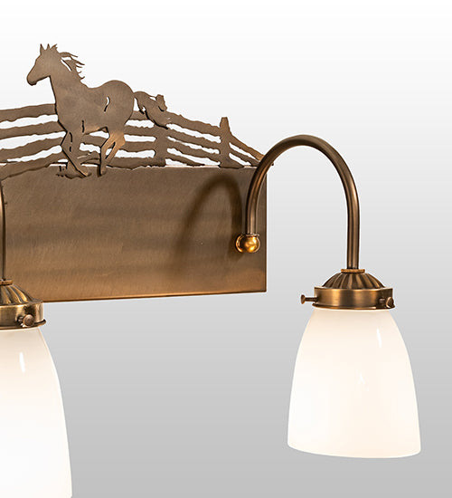 Meyda Lighting Running Horses 27" 3-Light Antique Copper Vanity Light With White Shade Glass