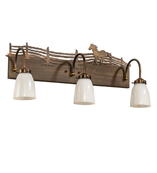 Meyda Lighting Running Horses 27" 3-Light Antique Copper Vanity Light With White Shade Glass