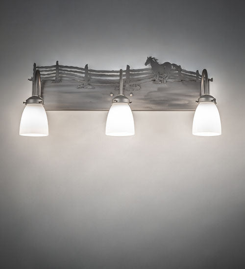 Meyda Lighting Running Horses 27" 3-Light Industrial Steel Vanity Light With White Opal Shade Glass