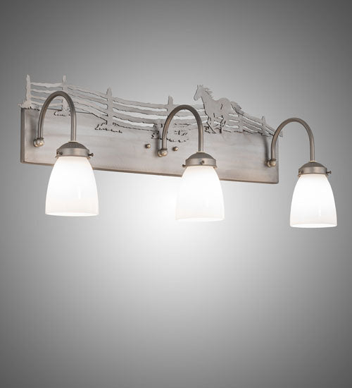 Meyda Lighting Running Horses 27" 3-Light Industrial Steel Vanity Light With White Opal Shade Glass