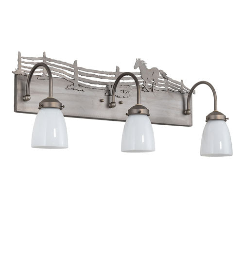 Meyda Lighting Running Horses 27" 3-Light Industrial Steel Vanity Light With White Opal Shade Glass