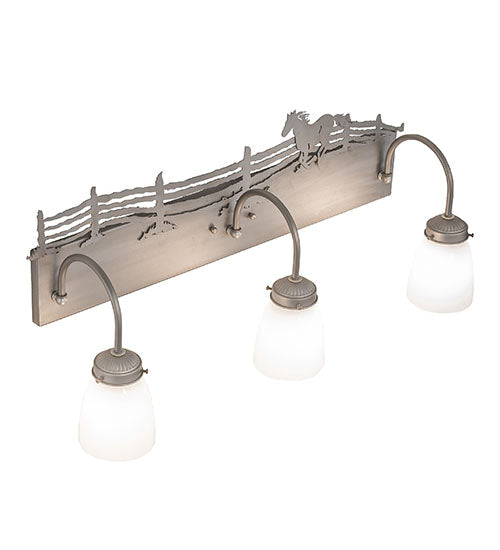 Meyda Lighting Running Horses 27" 3-Light Industrial Steel Vanity Light With White Opal Shade Glass