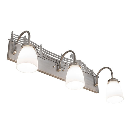 Meyda Lighting Running Horses 27" 3-Light Industrial Steel Vanity Light With White Opal Shade Glass