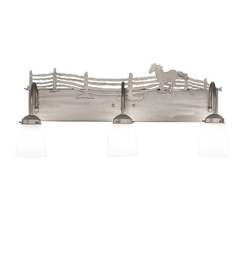 Meyda Lighting Running Horses 27" 3-Light Industrial Steel Vanity Light With White Opal Shade Glass