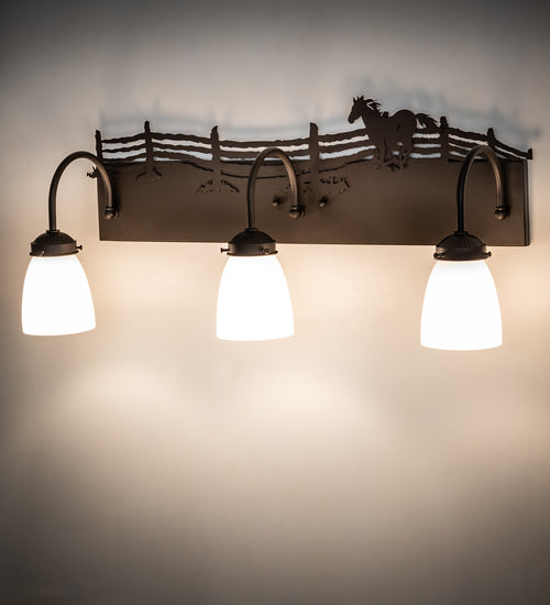 Meyda Lighting Running Horses 27" 3-Light Oil Rubbed Bronze Vanity Light With White Opal Shade Glass
