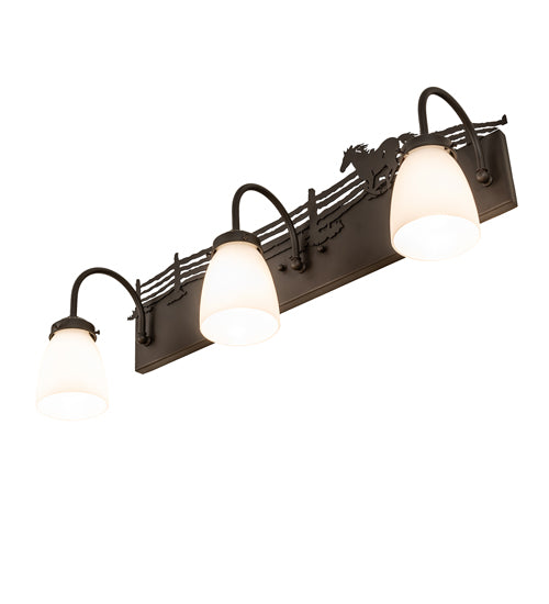 Meyda Lighting Running Horses 27" 3-Light Oil Rubbed Bronze Vanity Light With White Opal Shade Glass