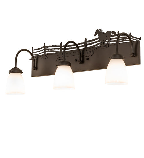 Meyda Lighting Running Horses 27" 3-Light Oil Rubbed Bronze Vanity Light With White Opal Shade Glass