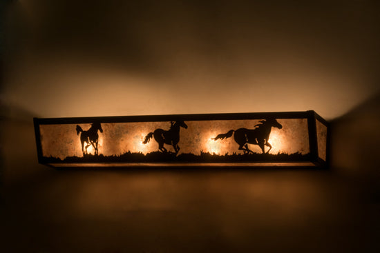 Meyda Lighting Running Horses 30" 4-Light Flat Black Vanity Light With Silver Mica Shade Glass