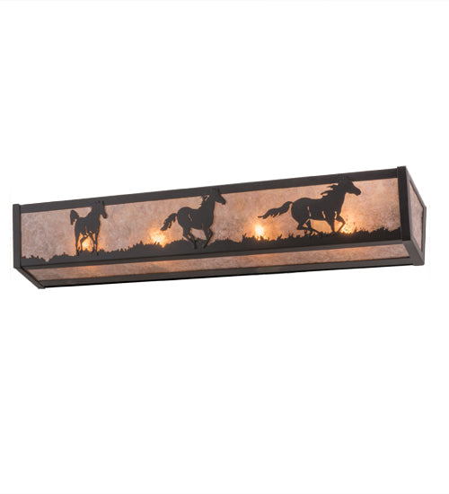 Meyda Lighting Running Horses 30" 4-Light Flat Black Vanity Light With Silver Mica Shade Glass