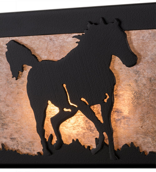 Meyda Lighting Running Horses 30" 4-Light Flat Black Vanity Light With Silver Mica Shade Glass