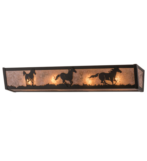 Meyda Lighting Running Horses 30" 4-Light Flat Black Vanity Light With Silver Mica Shade Glass