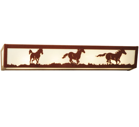 Meyda Lighting Running Horses 30" 4-Light Rust Vanity Light With White Opal Art Shade Glass