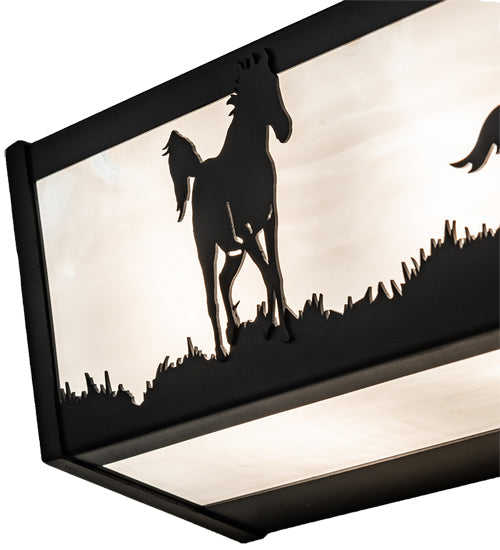 Meyda Lighting Running Horses 30" 4-Light Textured Black Vanity Light With White Opal Art Shade Glass