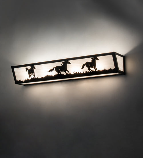 Meyda Lighting Running Horses 30" 4-Light Textured Black Vanity Light With White Opal Art Shade Glass