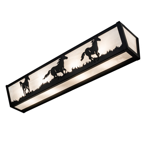 Meyda Lighting Running Horses 30" 4-Light Textured Black Vanity Light With White Opal Art Shade Glass