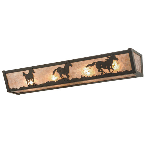 Meyda Lighting Running Horses 30" 4-Light Timeless Bronze Vanity Light With Silver Mica Shade Glass