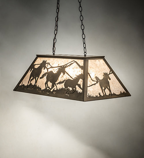 Meyda Lighting Running Horses 33" 6-Light Antique Copper Island Pendant Light With Silver Mica Shade Glass