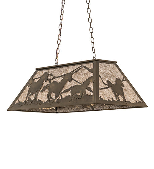 Meyda Lighting Running Horses 33" 6-Light Antique Copper Island Pendant Light With Silver Mica Shade Glass